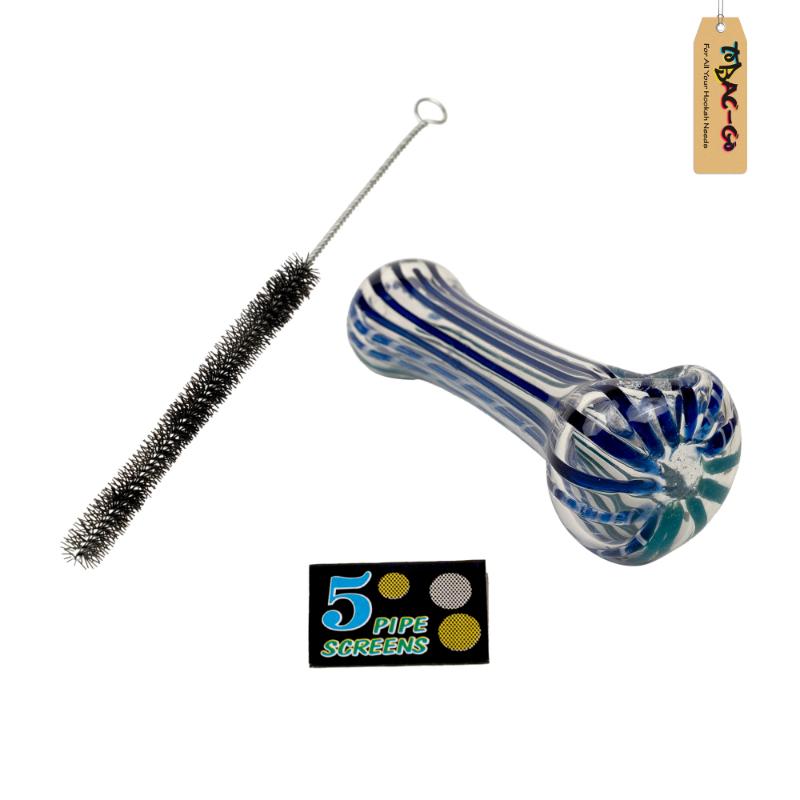 Smoking Glass Pipe + Filter Screens + Cleaning Brush Combo-Blue