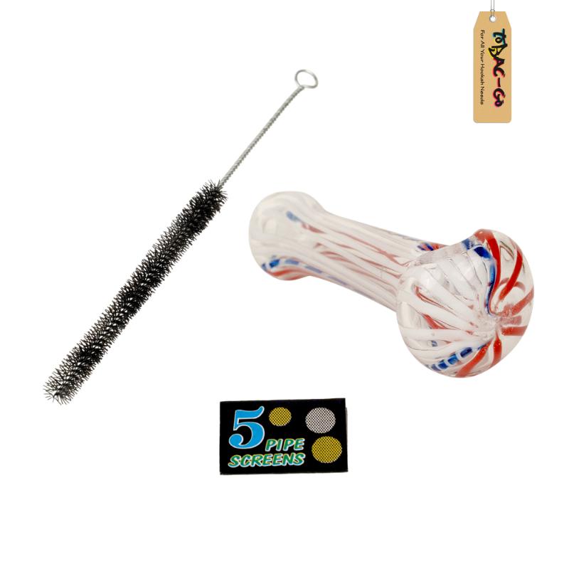 Smoking Glass Pipe + Filter Screens + Cleaning Brush Combo Red&Blue